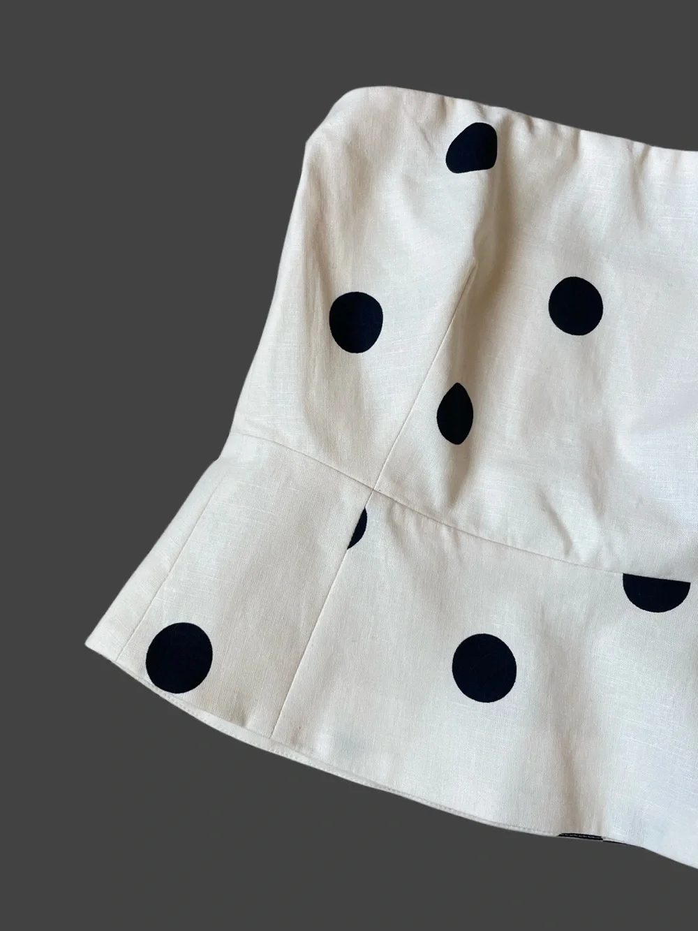 SEZANE EDITIONS Ecru Cream & Black Polka Dot Printed Linen Strapless Peplum Top - Picture 9 of 17